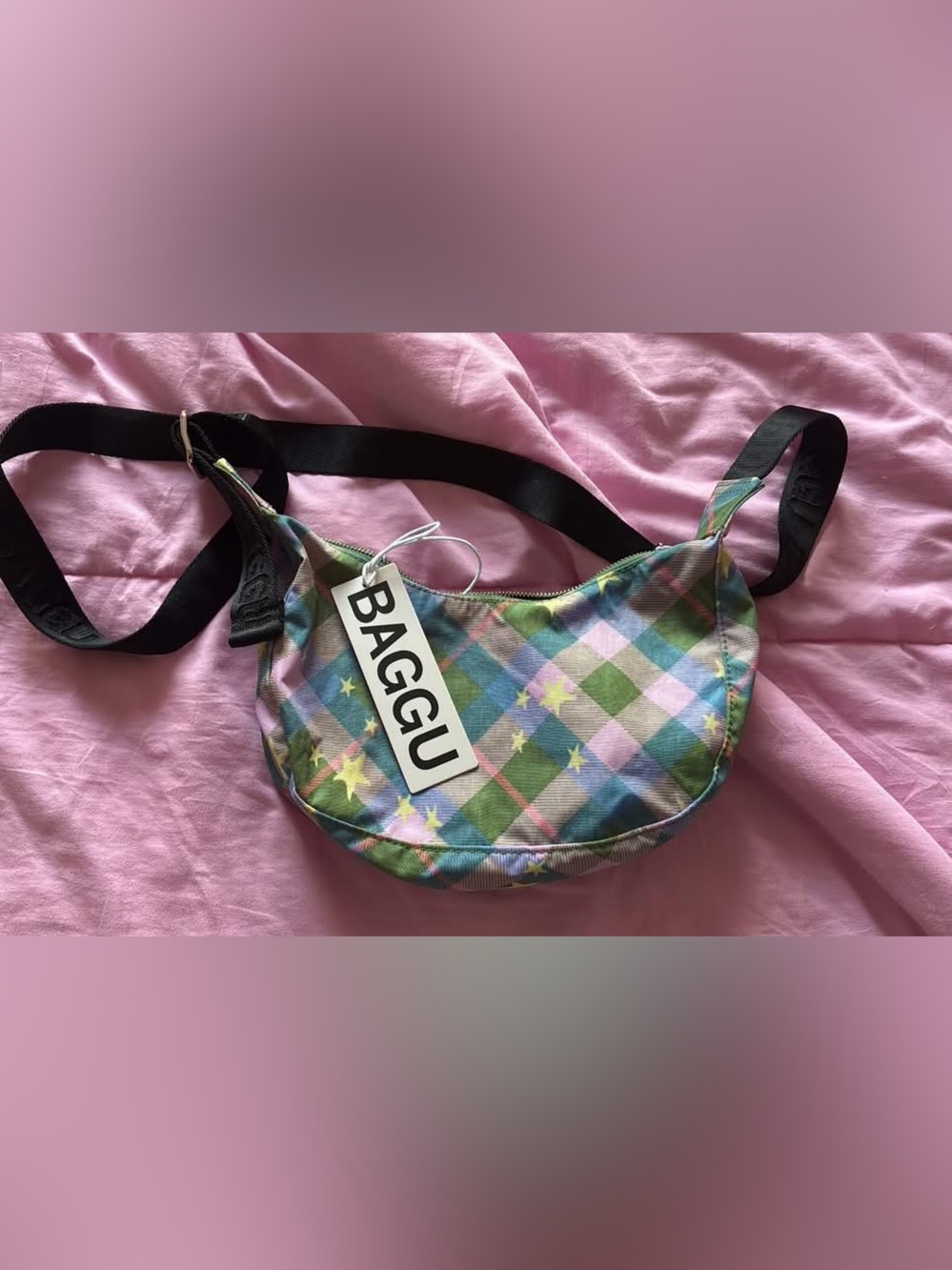 NWT Baggu Small Crescent Bag - Green Star Plaid